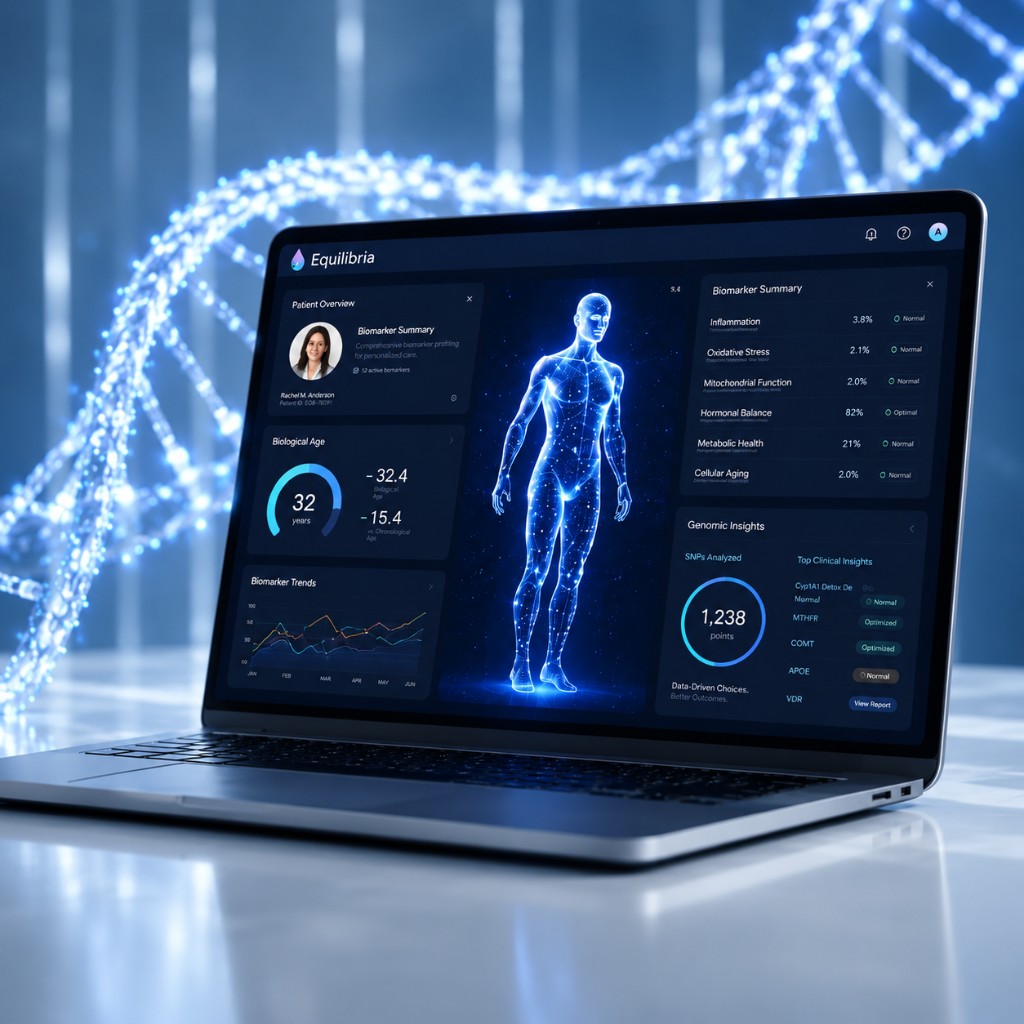 Equilibria diagnostics dashboard on a laptop with biomarker and genomic insights