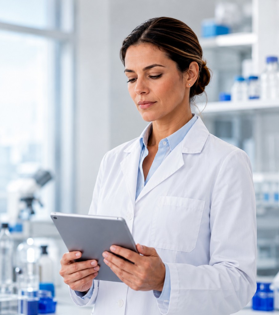 Qualgen pharmaceutical professional reviewing data on a tablet in a laboratory
