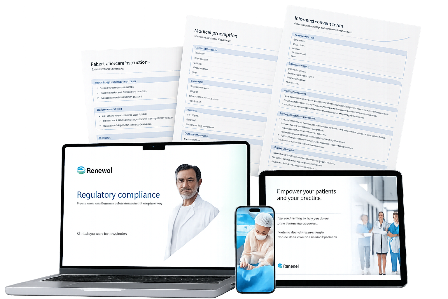 Renewal post-training recorded classes shown on laptop, phone, and tablet with clinical documents